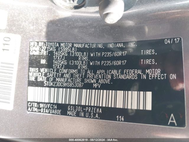 5TDKZ3DC9HS853087 Toyota Sienna Le 8 Passenger