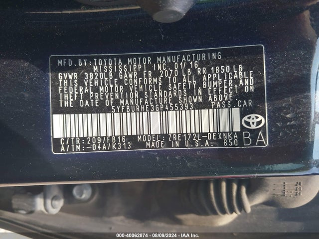 Toyota COROLLA LE 2016 5YFBURHE3GP455393 Image 9