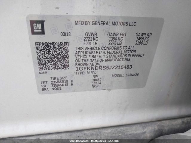 1GYKNDRS5JZ215483 Cadillac XT5 LUXURY