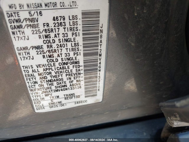 Nissan ROGUE SV 2016 JN8AT2MV4GW133126 Image 9