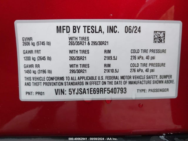 2024 TESLA MODEL S 5YJSA1E69RF540793 Photo 8