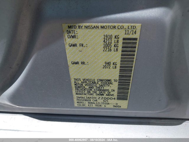 Nissan Altima 2.5 S 2015 1N4AL3AP2FC220004 Image 9