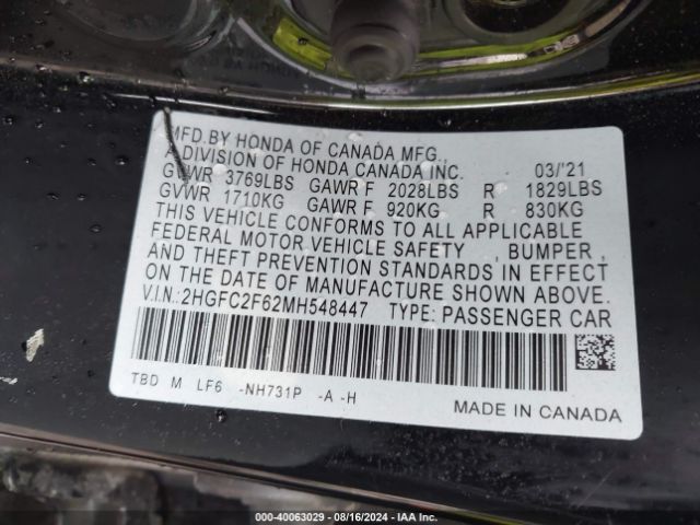 2021 HONDA CIVIC 2HGFC2F62MH548447 Photo 8