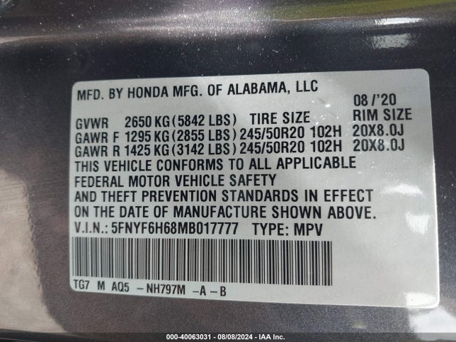 Honda Pilot Awd Touring 7 Passenger 2021 5FNYF6H68MB017777 Image 9