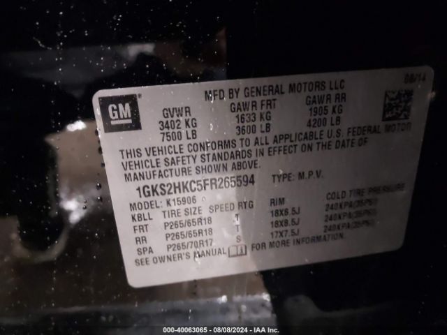 1GKS2HKC5FR265594 GMC Yukon Xl 1500 Slt