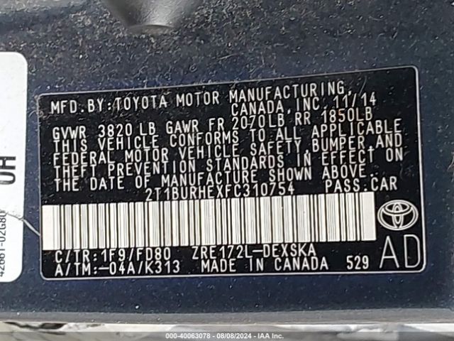 2T1BURHEXFC310754 Toyota Corolla S Plus