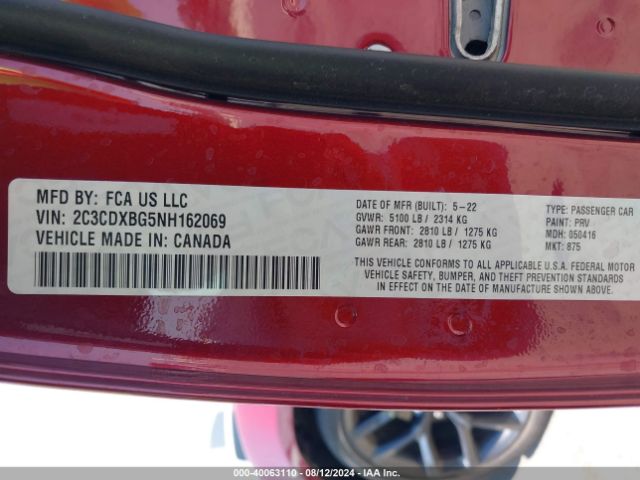 2C3CDXBG5NH162069 Dodge Charger Sxt Rwd