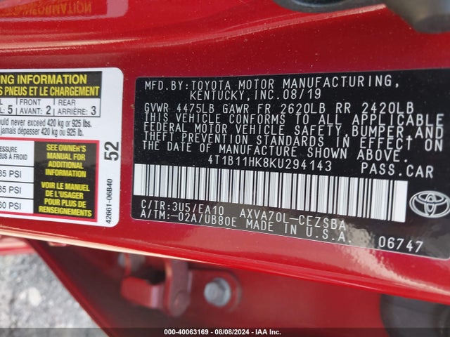 Toyota CAMRY SE 2019 4T1B11HK8KU294143 Image 9
