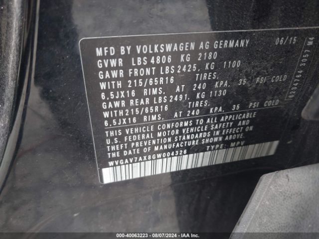 WVGAV7AX8GW004326 Volkswagen TIGUAN S