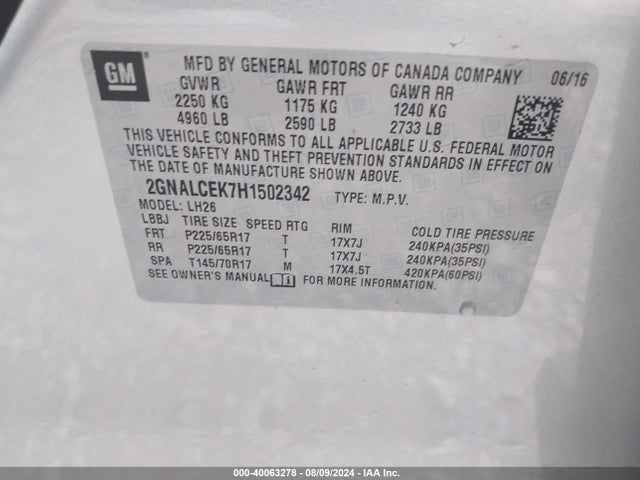 Chevrolet EQUINOX LT 2017 2GNALCEK7H1502342 Image 9
