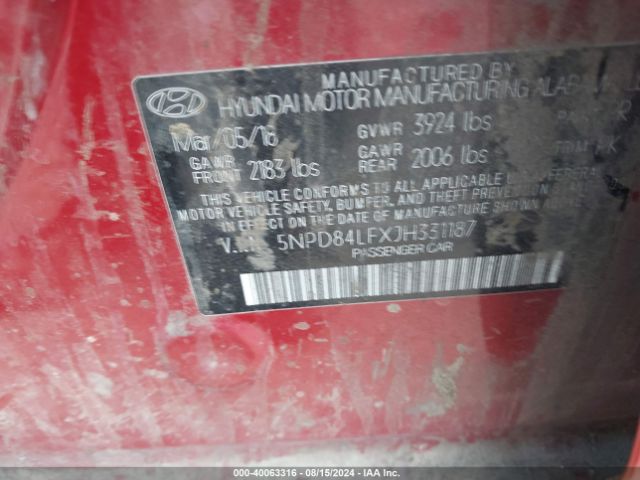 5NPD84LFXJH331187 Hyundai ELANTRA SEL