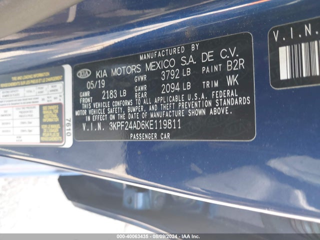 3KPF24AD6KE119811 KIA Forte Lxs
