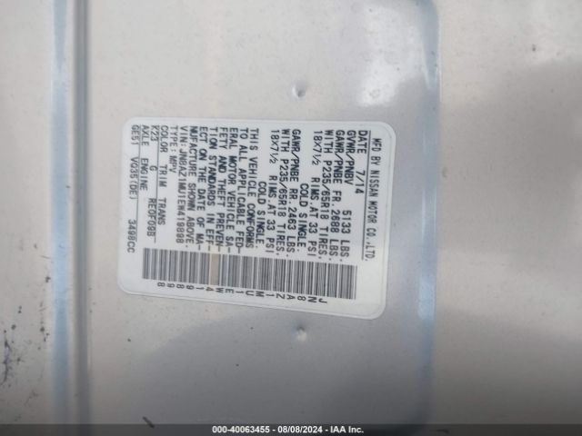 JN8AZ1MU1EW419898 Nissan MURANO SV