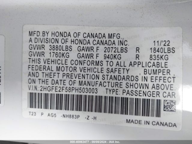 2HGFE2F58PH503003 Honda Civic Sport