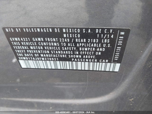 3VWD17AJ8FM270921 Volkswagen Jetta 1.8t Se