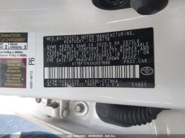 4T1BF1FKXHU651688 Toyota CAMRY LE