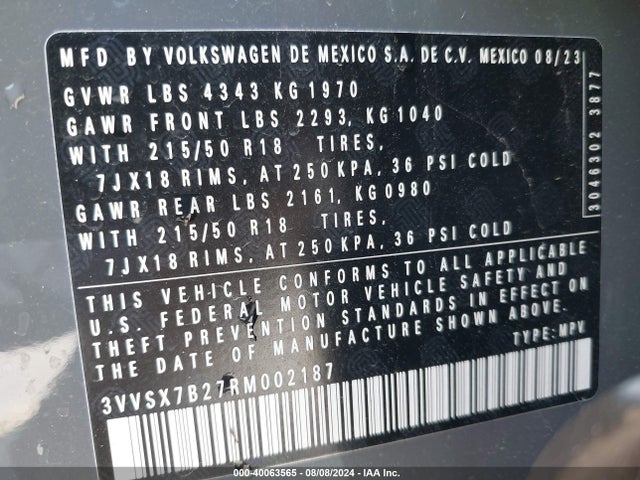 3VVSX7B27RM002187 Volkswagen Taos 1.5t Se