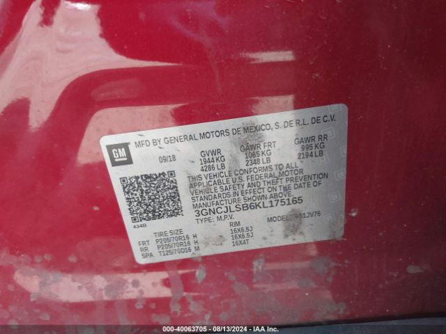 3GNCJLSB6KL175165 Chevrolet TRAX 1LT