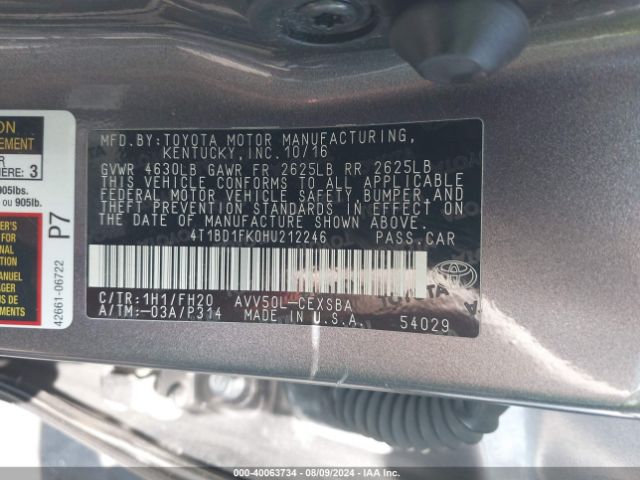 4T1BD1FK0HU212246 Toyota Camry Hybrid Se