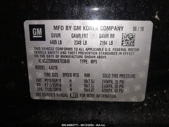 KL4CJ2SM8KB703840 Buick Encore Awd Sport Touring