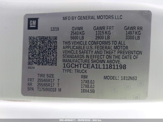 40064011 :رقم المزاد ، 1GCHTCEA1L1181198 vin ، 2020 Chevrolet Colorado 4wd  Long Box Lt مزاد بيع