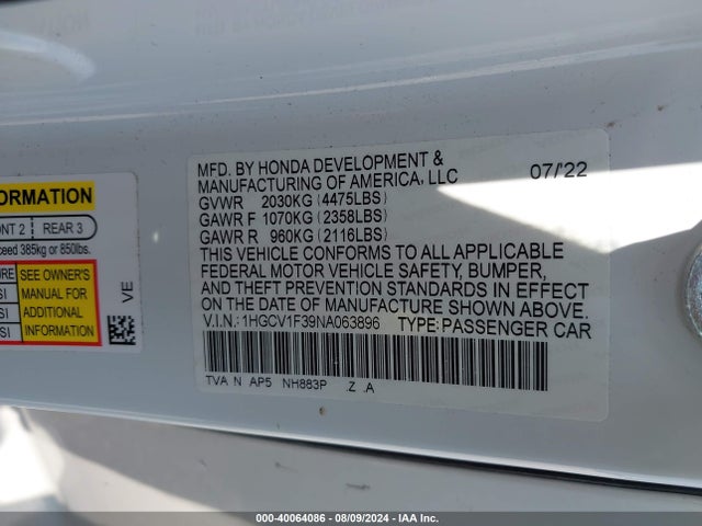40064086 :رقم المزاد ، 1HGCV1F39NA063896 vin ، 2022 Honda Accord Sport مزاد بيع