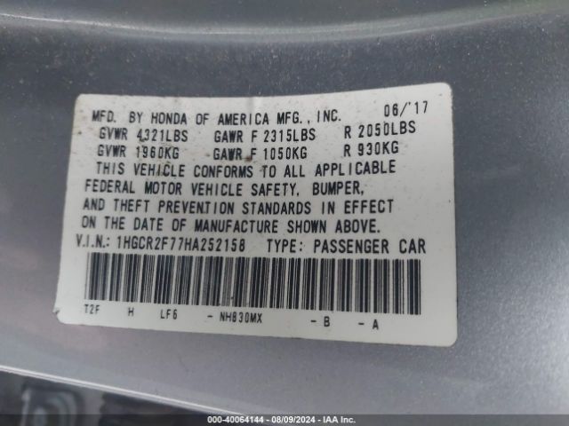 1HGCR2F77HA252158 Honda ACCORD EX