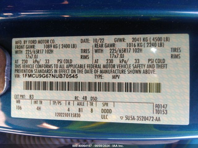 1FMCU9G67NUB70545 Ford ESCAPE SE