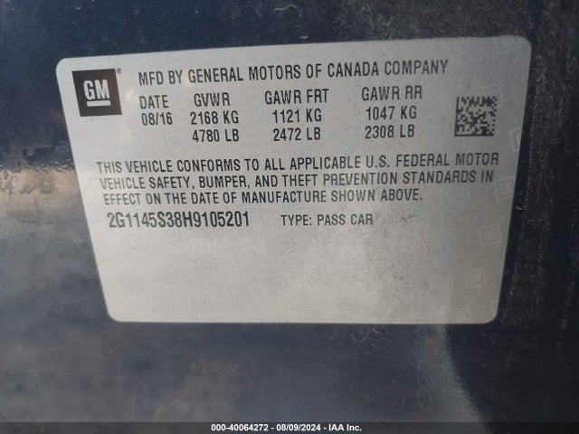 Chevrolet IMPALA 2LZ 2017 2G1145S38H9105201 Image 9