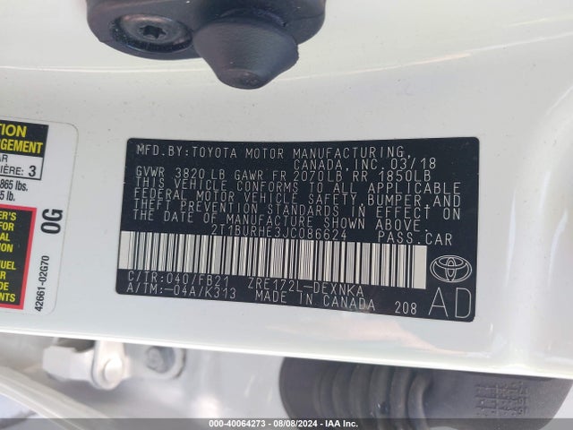 Toyota COROLLA LE 2018 2T1BURHE3JC086624 Image 9