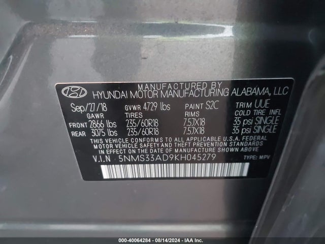 5NMS33AD9KH045279 Hyundai Santa Fe Sel Plus