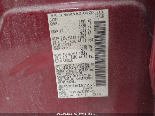 Nissan MURANO SL 2018 5N1AZ2MH3JN187255 Image 9