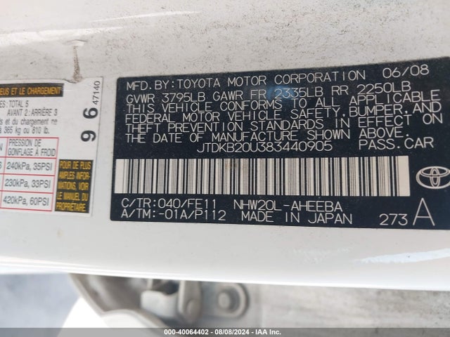 Продажа на аукционе авто 2008 Toyota Prius Touring, vin: JTDKB20U383440905, номер лота: 40064402