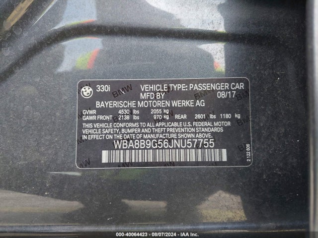BMW 330I 2018 WBA8B9G56JNU57755 Image 9