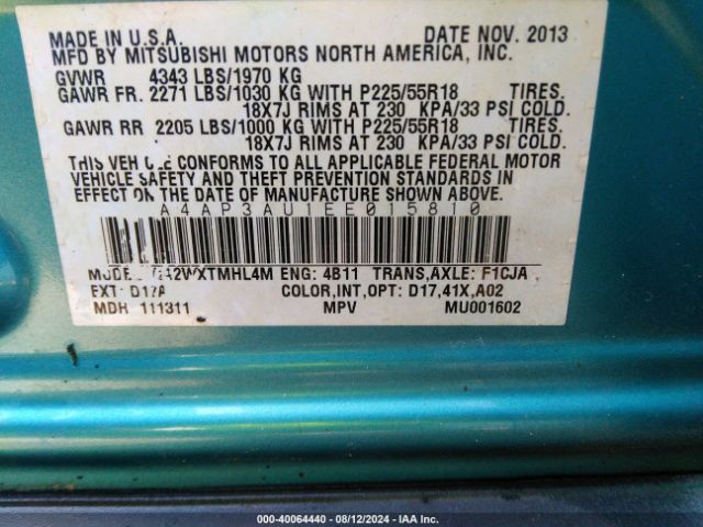 4A4AP3AU1EE015810 Mitsubishi Outlander Sport Es