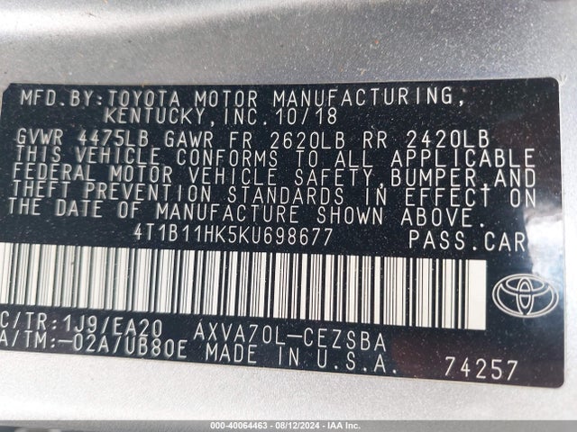 Toyota CAMRY SE 2019 4T1B11HK5KU698677 Image 9