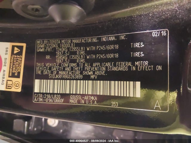Toyota Highlander Xle V6 2016 5TDJKRFH9GS263899 Image 9