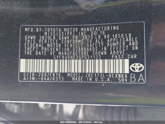Toyota COROLLA LE 2016 5YFBURHE2GP531122 Image 9