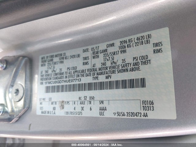Ford ESCAPE SE 2017 1FMCU0GD7HUE07713 Image 9