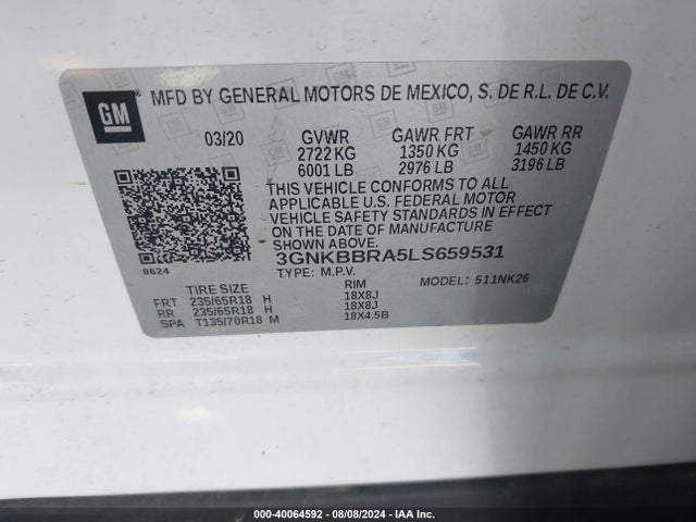 3GNKBBRA5LS659531 Chevrolet Blazer Fwd 1lt
