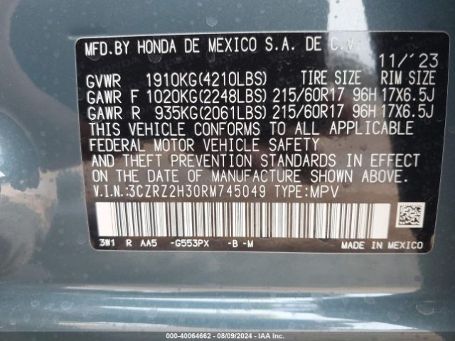 3CZRZ2H30RM745049 Honda Hr-v Awd Lx