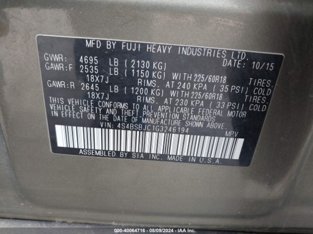 4S4BSBJC1G3246194 Subaru Outback 2.5i Limited