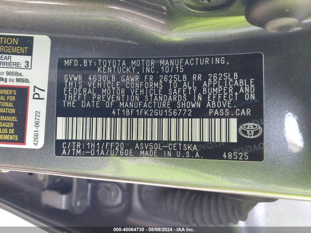 Toyota CAMRY SE 2016 4T1BF1FK2GU156772 Image 9