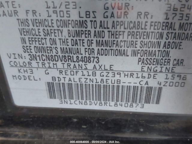 3N1CN8DV8RL840873 Nissan Versa 1.6 S