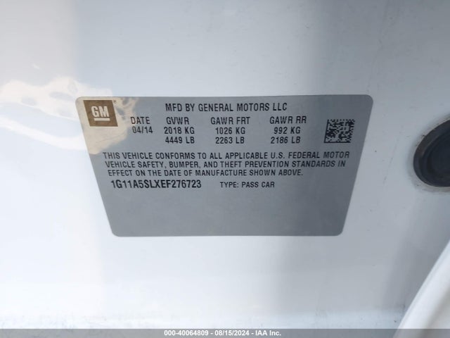 Chevrolet Malibu 1fl 2014 1G11A5SLXEF276723 Image 9