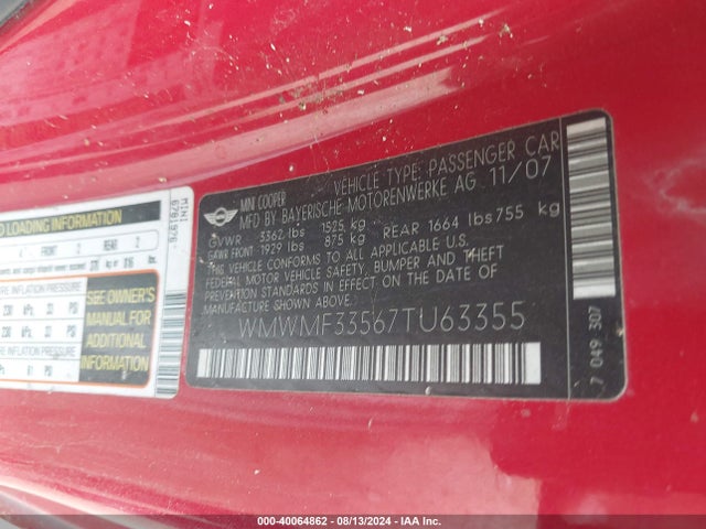 2007 MINI COOPER WMWMF33567TU63355 Photo 8