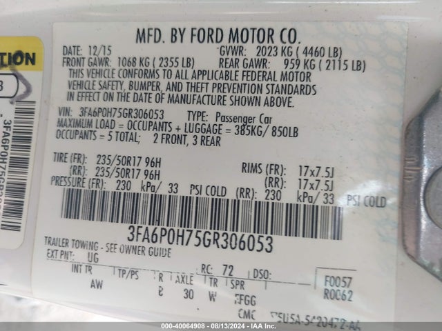 Ford FUSION SE 2016 3FA6P0H75GR306053 Image 9