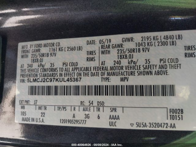 5LMCJ2C97KUL45367 Lincoln MKC SELECT