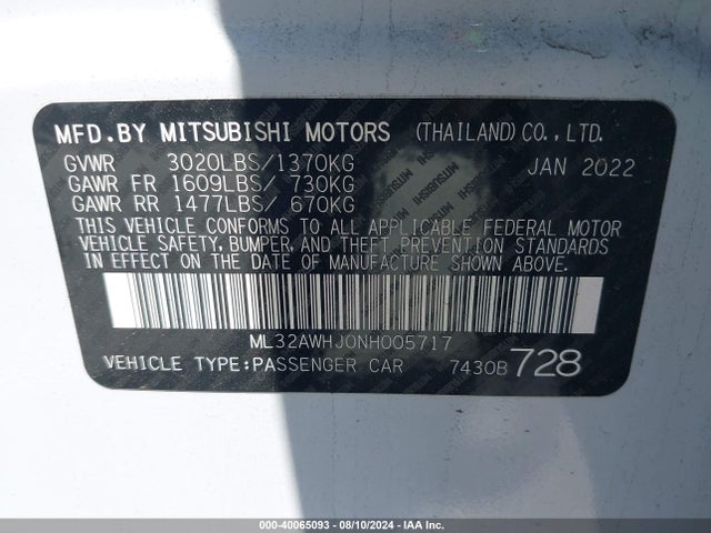 2022 MITSUBISHI MIRAGE ML32AWHJ0NH005717 Photo 8