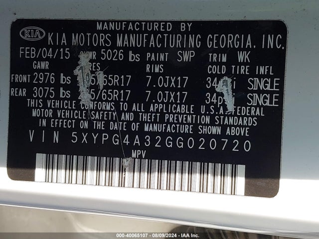 KIA Sorento 2.4l Lx 2016 5XYPG4A32GG020720 Image 9